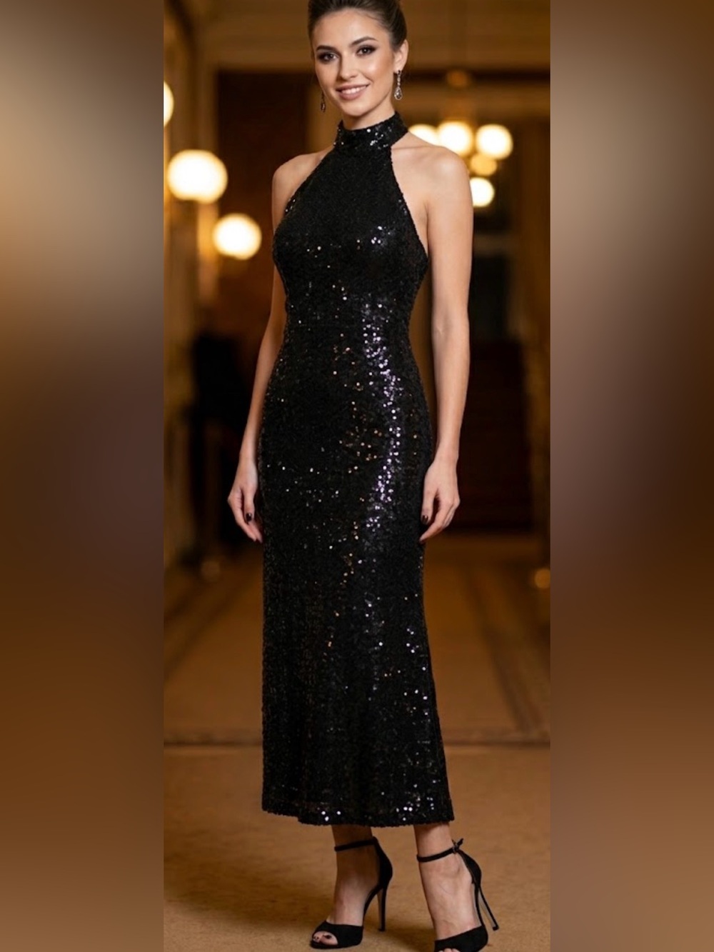 Vng Roberta  Black Sequin Halter Midi Dress Holiday Christmas